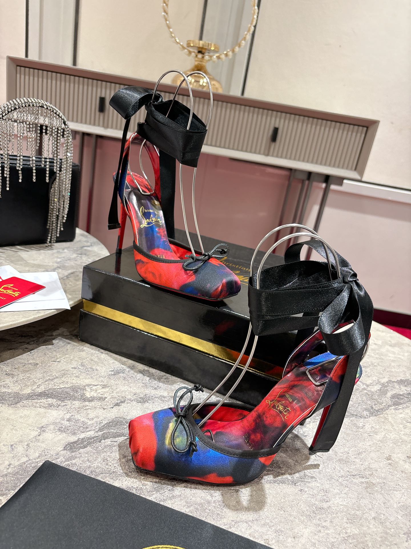 CASSIA LACE UP 100MM IN RED AND MULTICOLOR SATIN