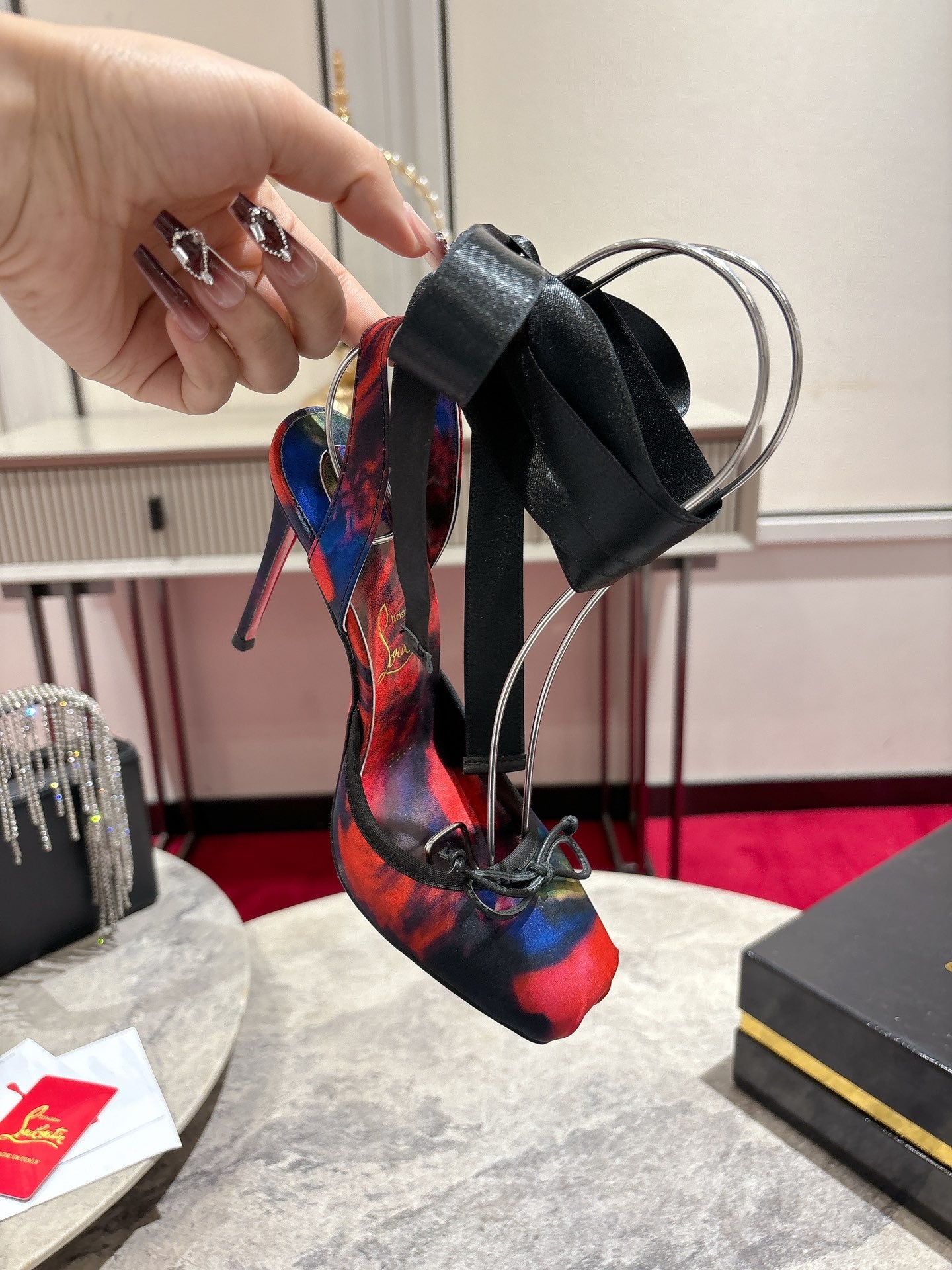 CASSIA LACE UP 100MM IN RED AND MULTICOLOR SATIN