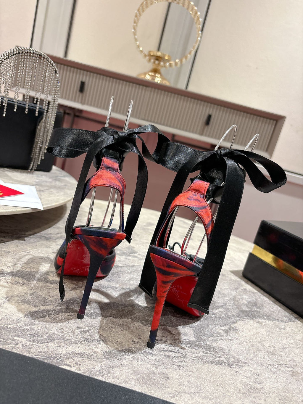 CASSIA LACE UP 100MM IN RED AND MULTICOLOR SATIN