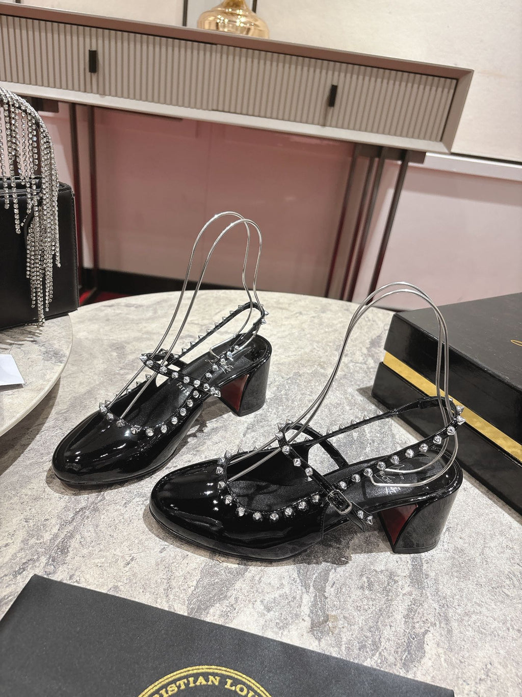 JANISPIKES MARY JANE PUMPS 55MM IN BLACK GLOSSY CALFSKIN