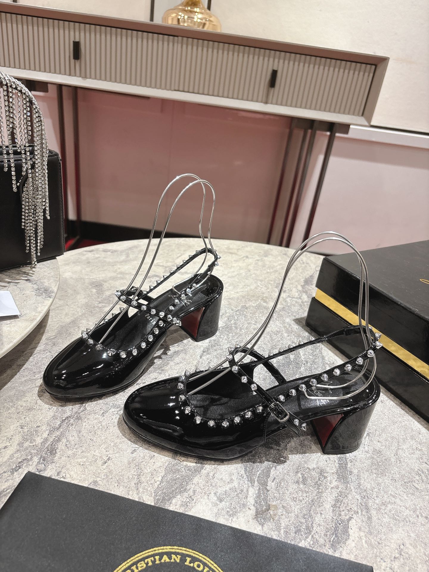 JANISPIKES MARY JANE PUMPS 55MM IN BLACK GLOSSY CALFSKIN