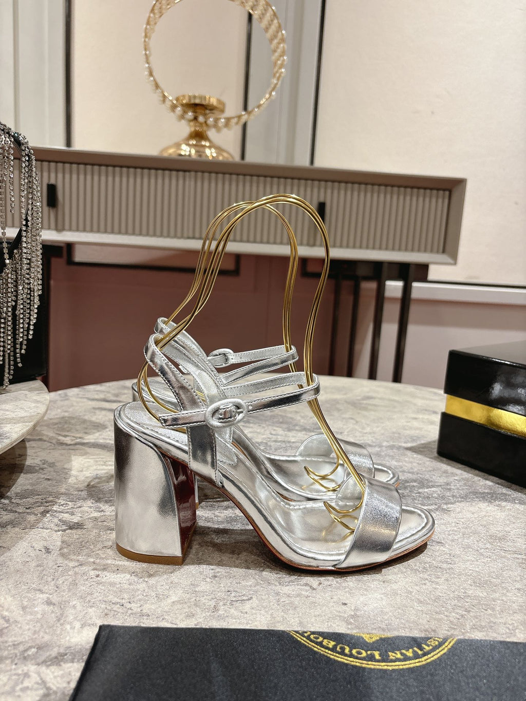MISS JANE HEELED SANDALS 85MM IN SILVER-TONE CALFSKIN