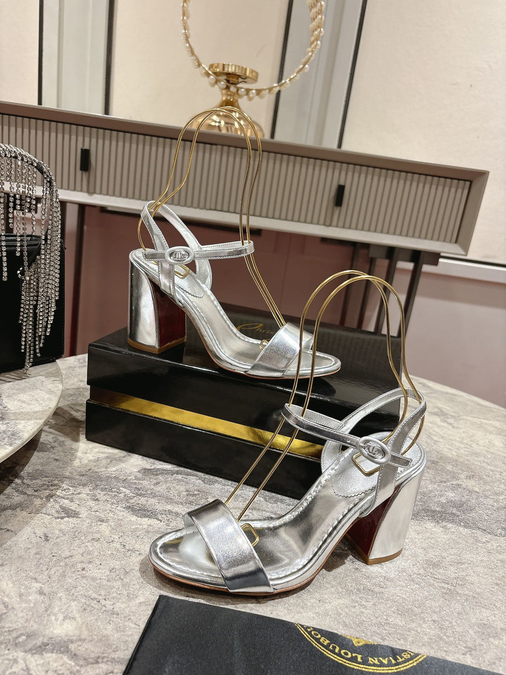 MISS JANE HEELED SANDALS 85MM IN SILVER-TONE CALFSKIN