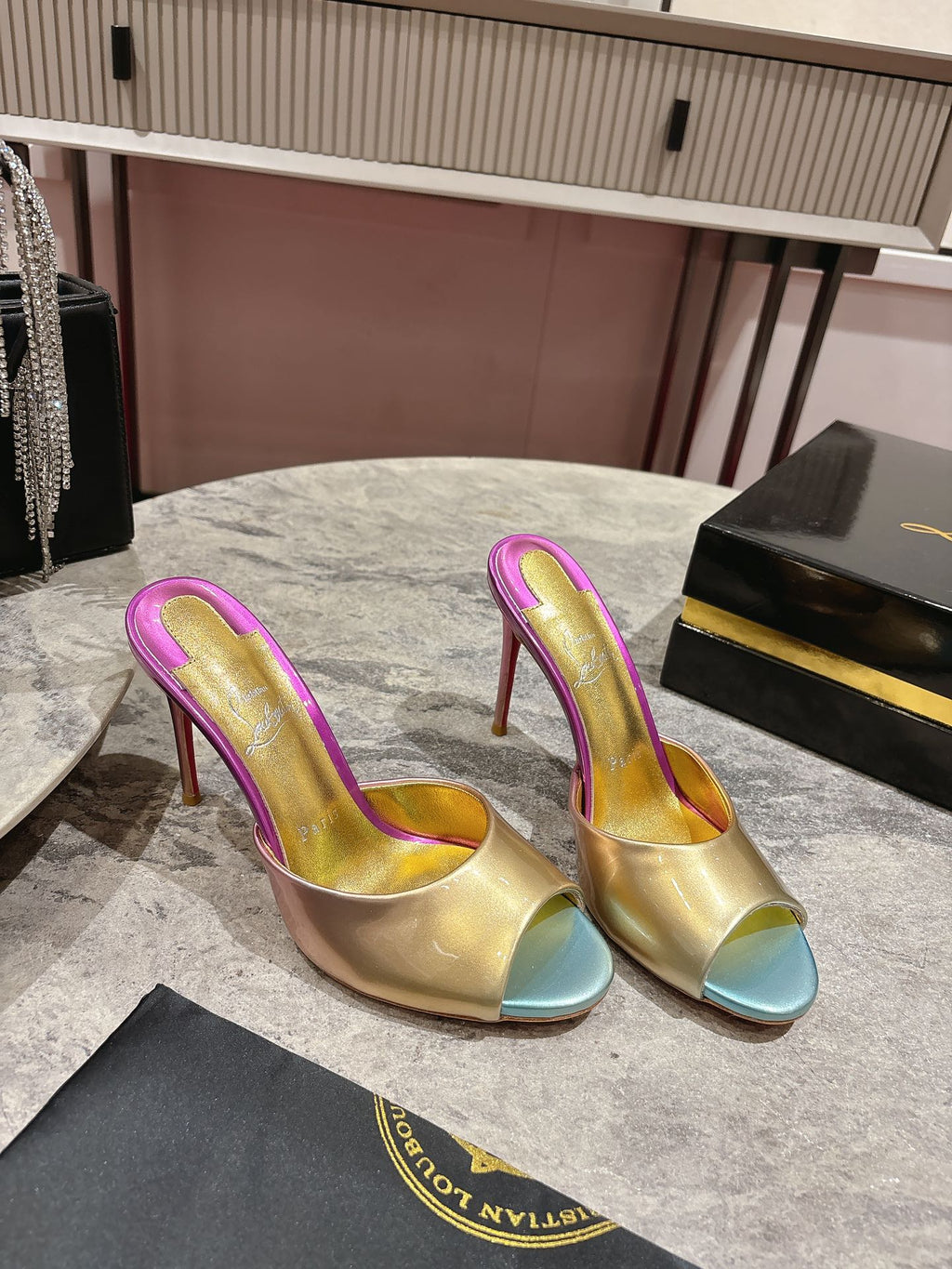 IRIDESCENT EFFECT MULES 100MM IN COLORFUL CALFSKIN