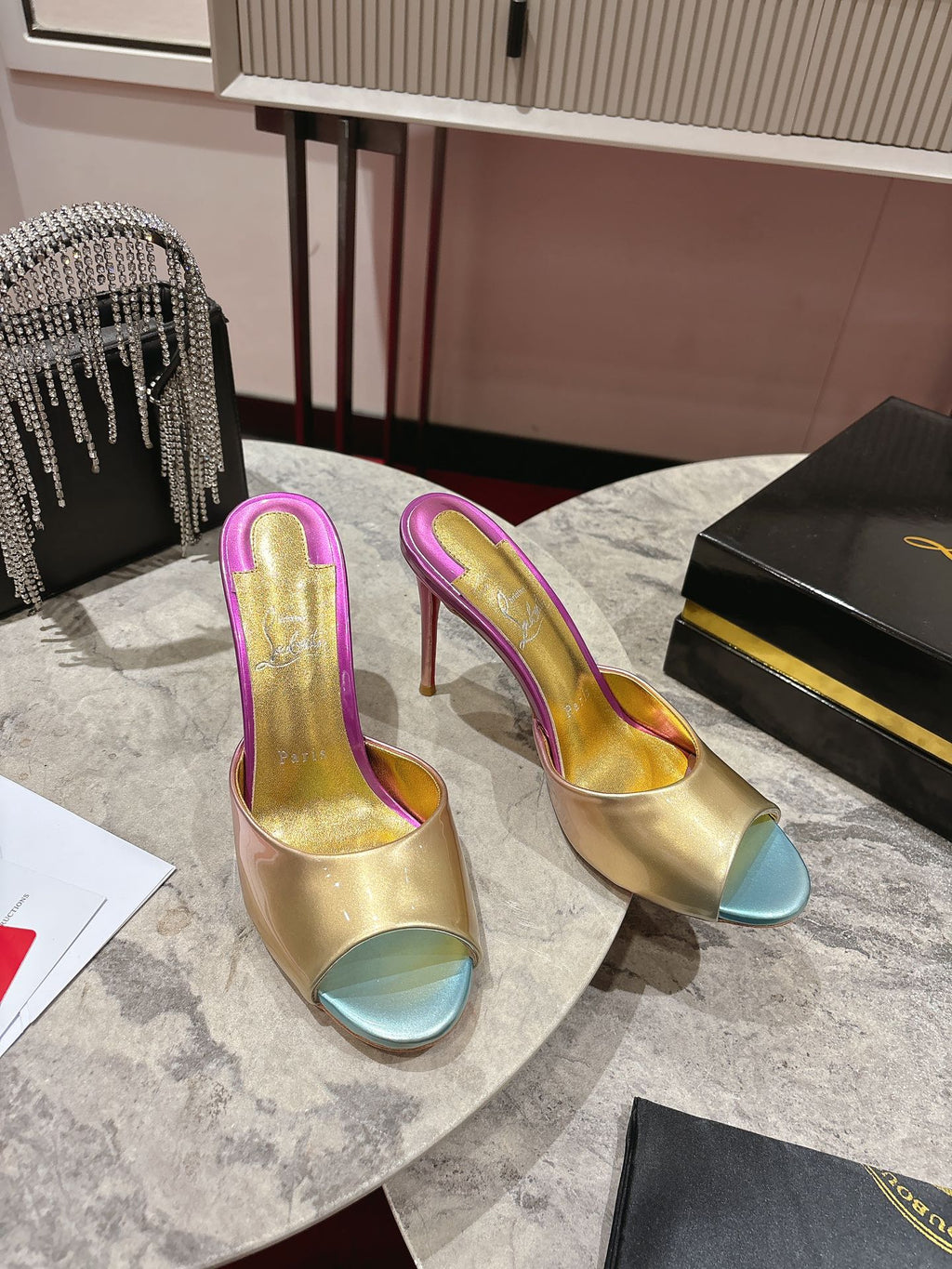 IRIDESCENT EFFECT MULES 100MM IN COLORFUL CALFSKIN