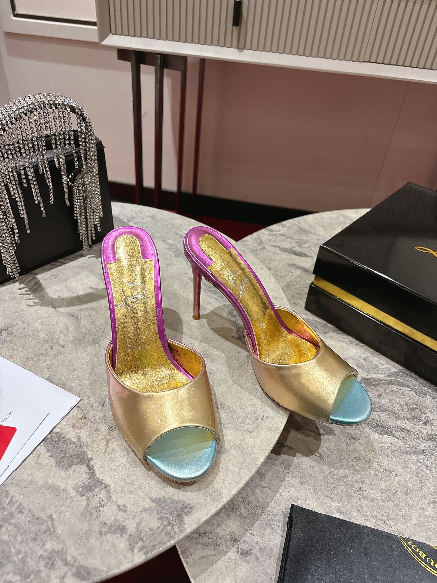 IRIDESCENT EFFECT MULES 100MM IN COLORFUL CALFSKIN