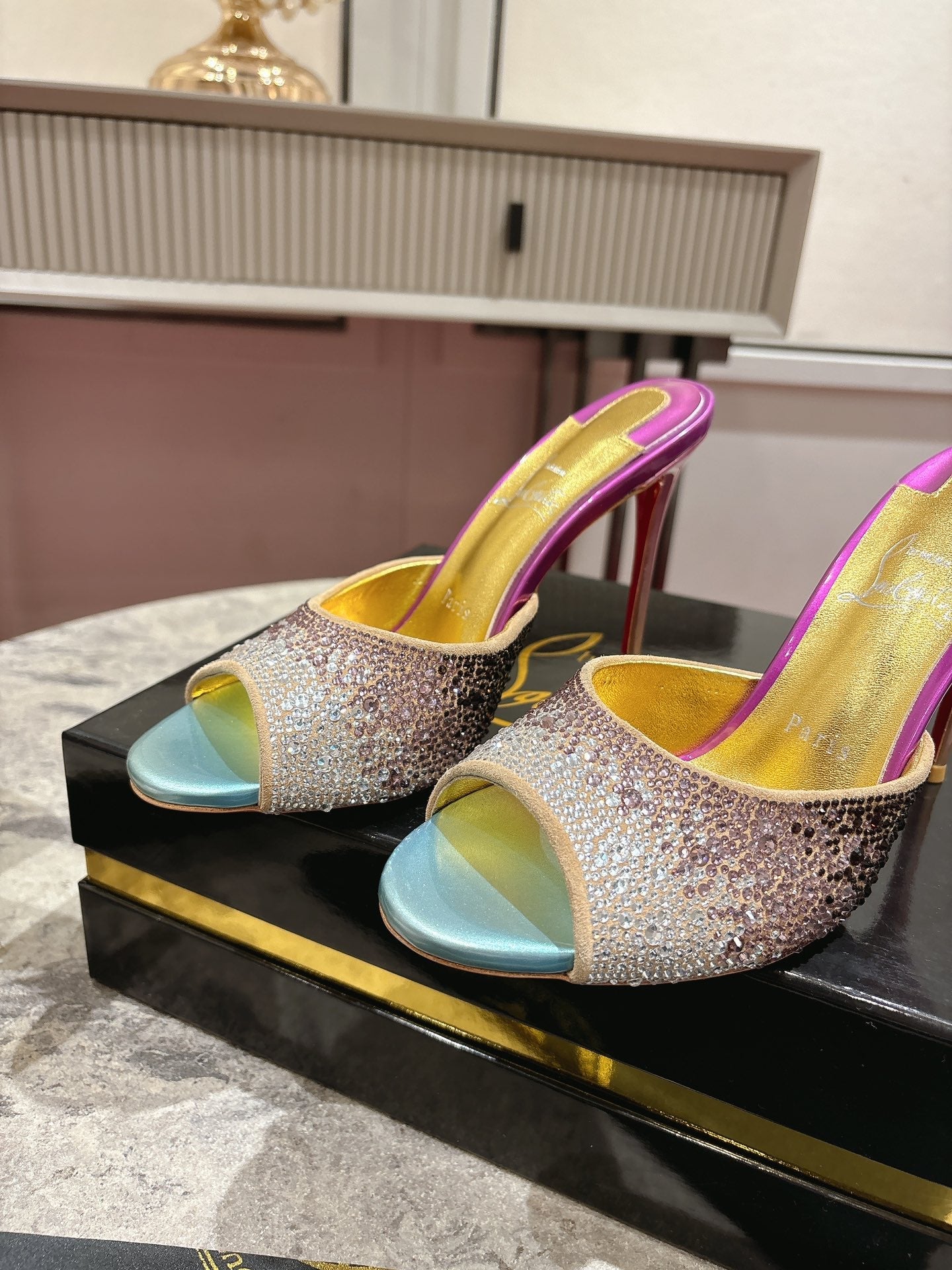 GLITTER IRIDESCENT EFFECT MULES 100MM IN COLORFUL CALFSKIN