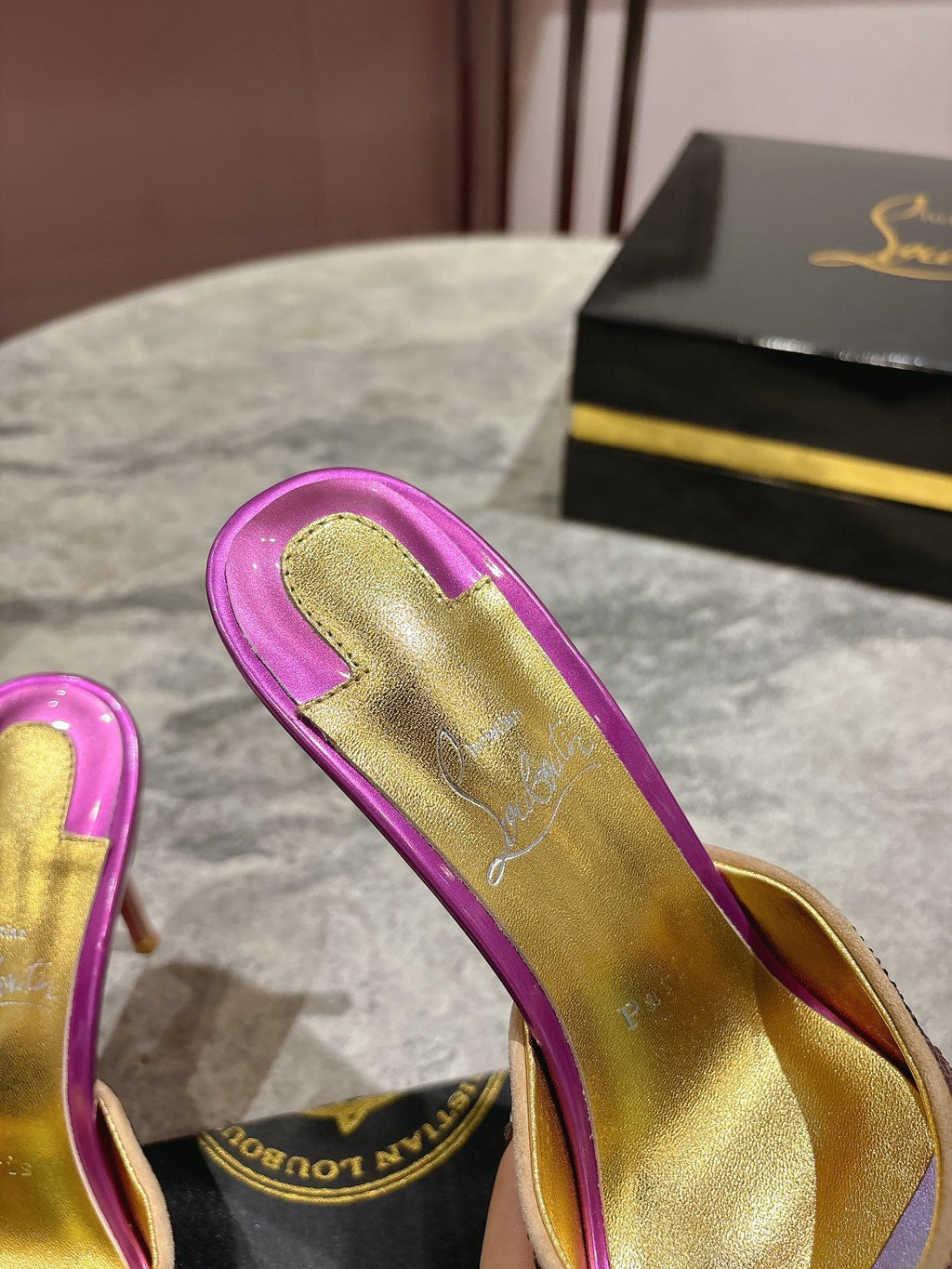GLITTER IRIDESCENT EFFECT MULES 100MM IN COLORFUL CALFSKIN