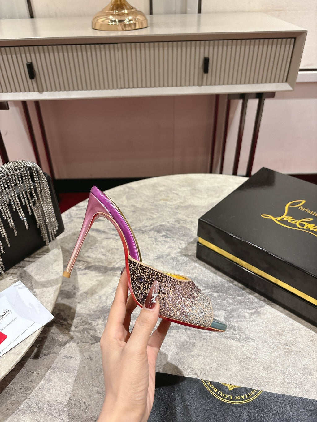 GLITTER IRIDESCENT EFFECT MULES 100MM IN COLORFUL CALFSKIN