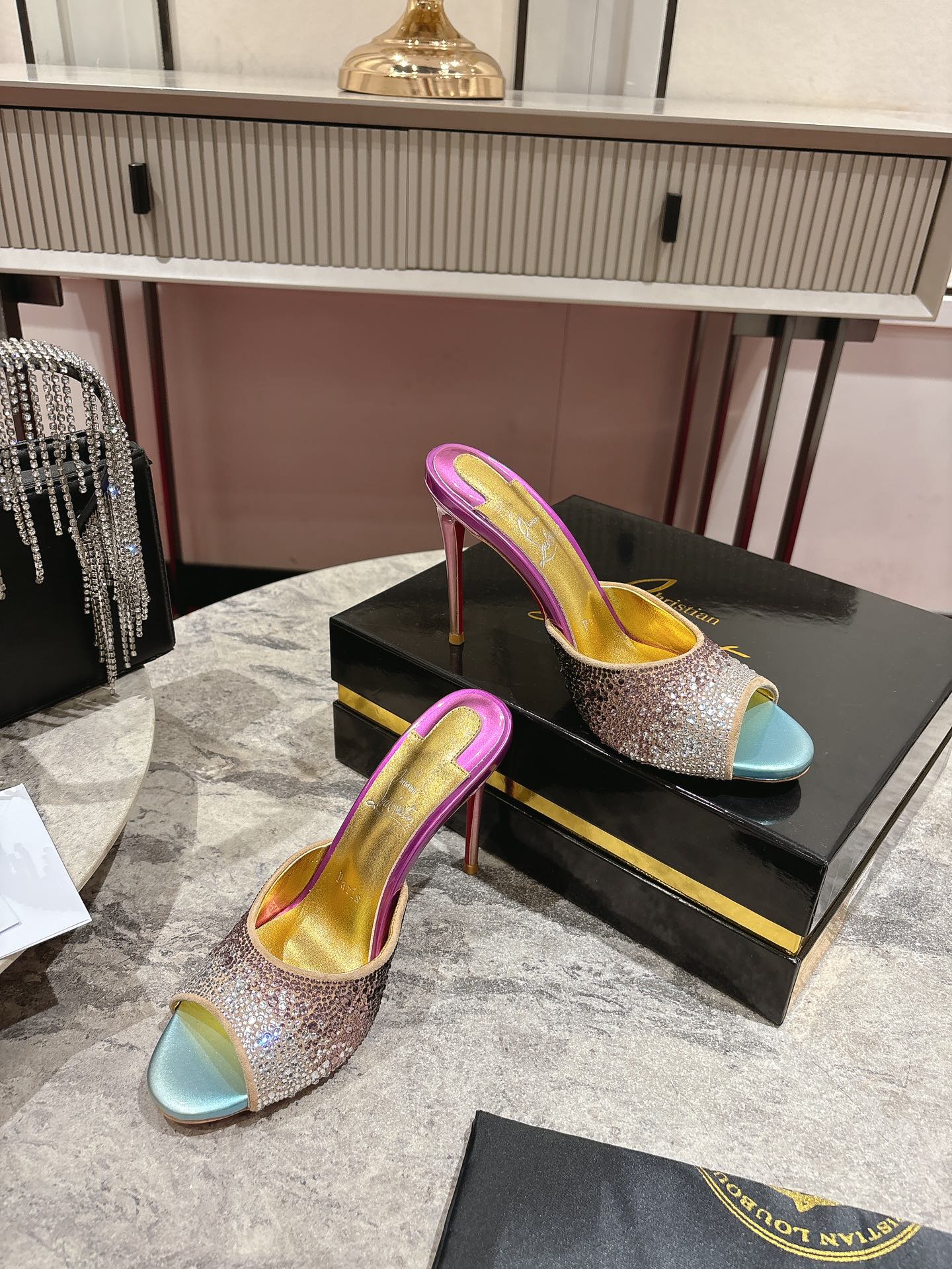 GLITTER IRIDESCENT EFFECT MULES 100MM IN COLORFUL CALFSKIN