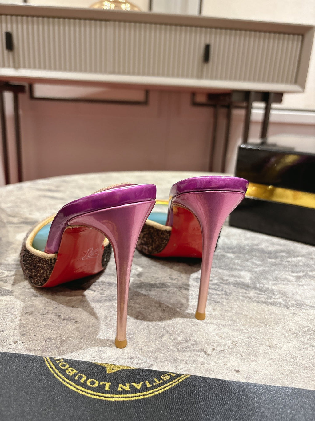 GLITTER IRIDESCENT EFFECT MULES 100MM IN COLORFUL CALFSKIN
