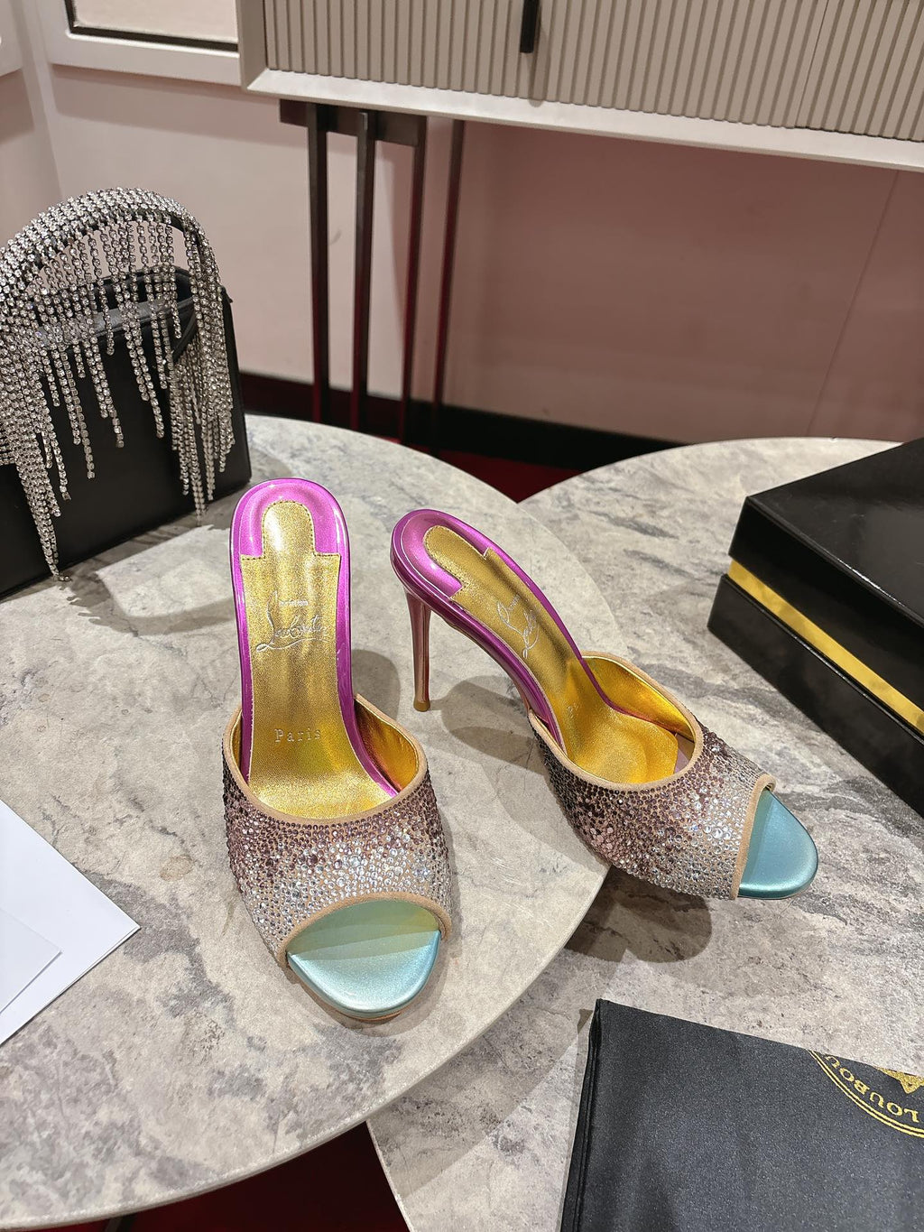 GLITTER IRIDESCENT EFFECT MULES 100MM IN COLORFUL CALFSKIN