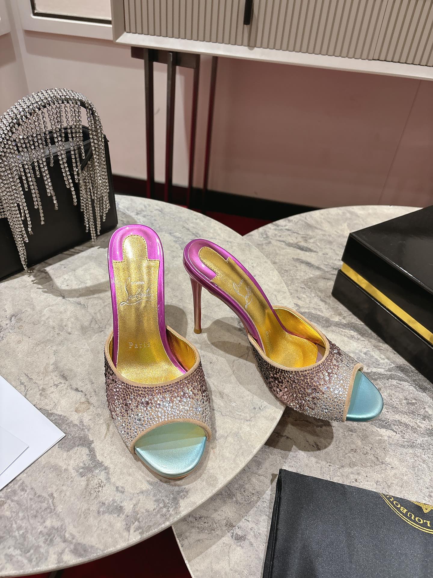 GLITTER IRIDESCENT EFFECT MULES 100MM IN COLORFUL CALFSKIN