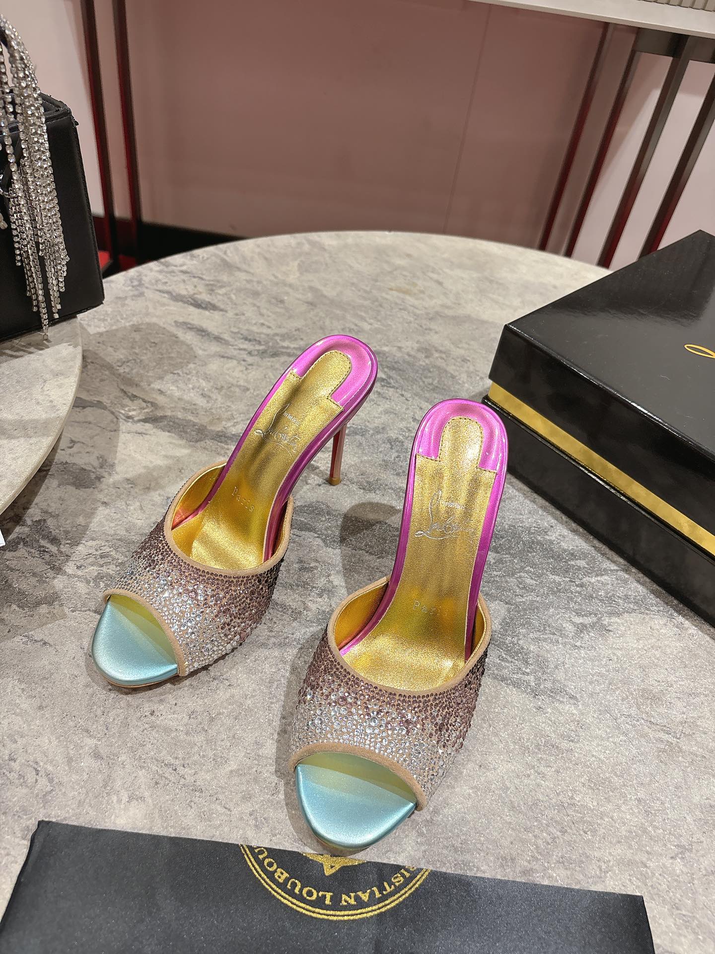 GLITTER IRIDESCENT EFFECT MULES 100MM IN COLORFUL CALFSKIN