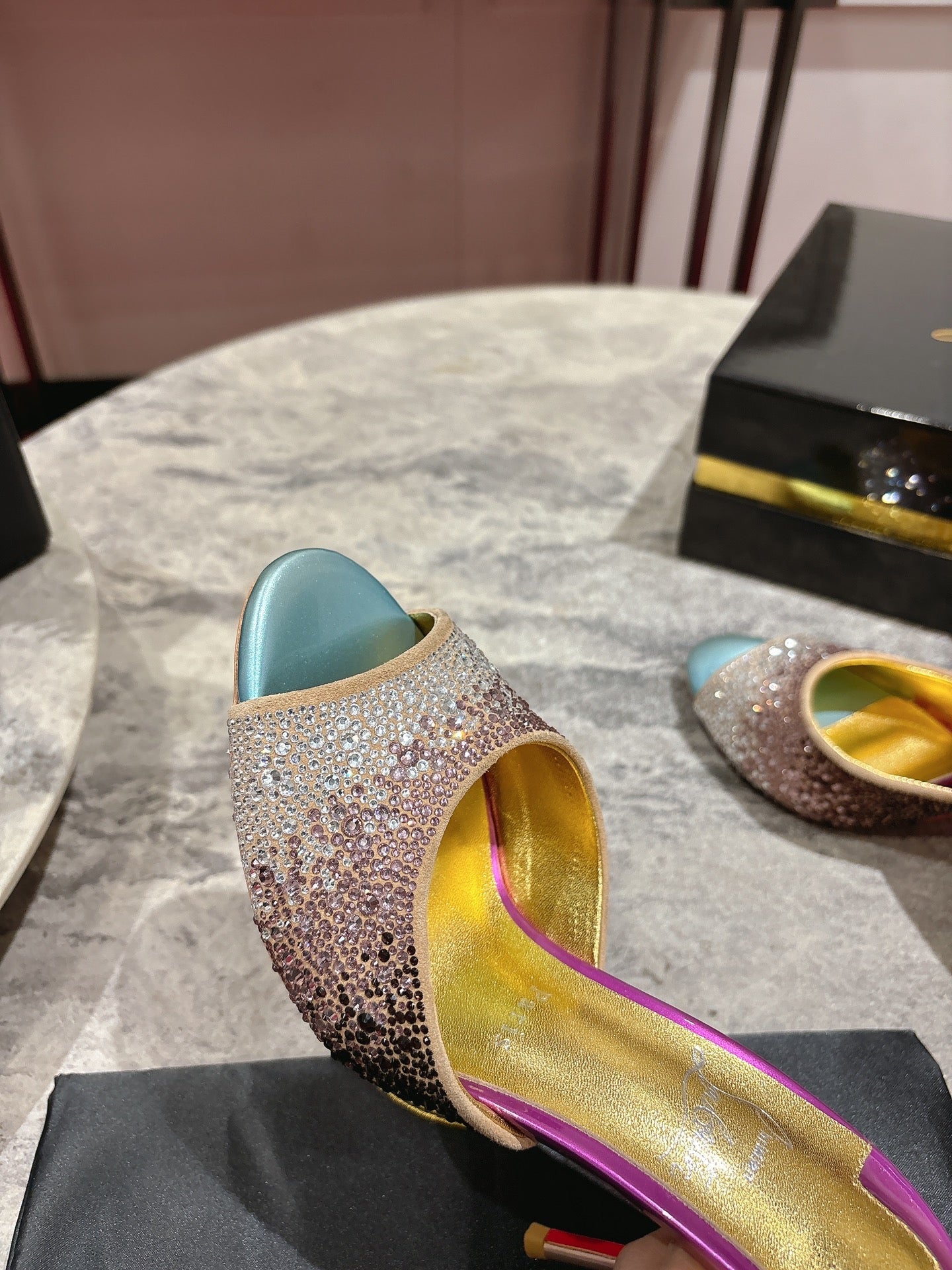 GLITTER IRIDESCENT EFFECT MULES 100MM IN COLORFUL CALFSKIN