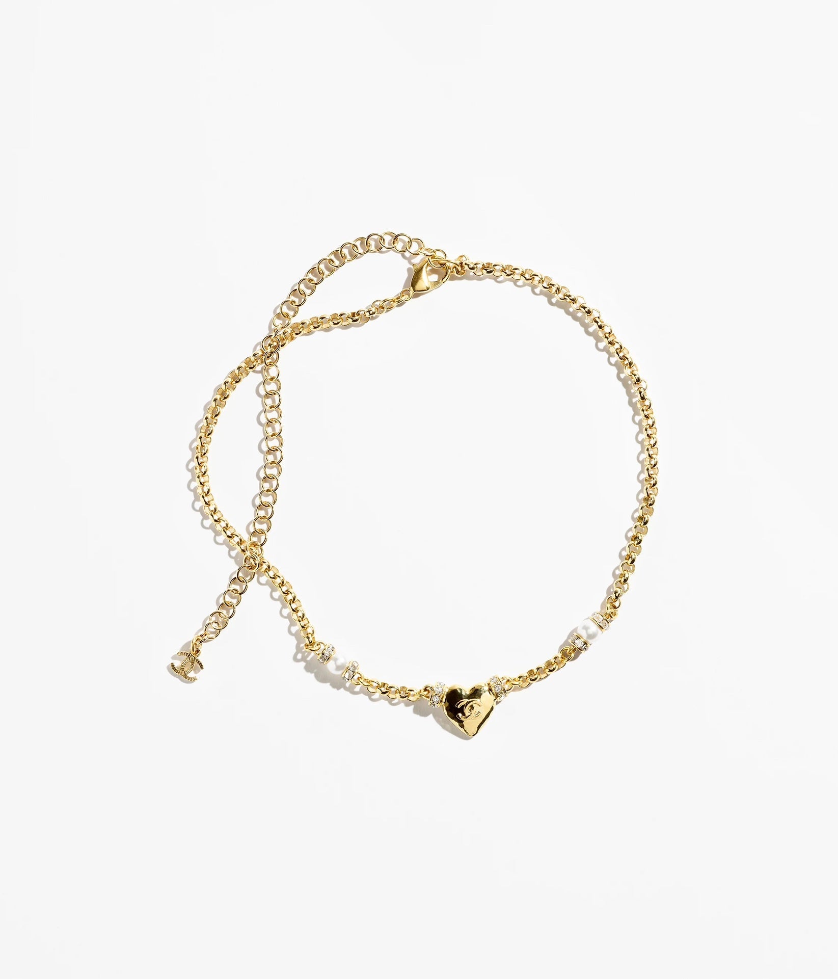 CHANEL 26S DOUBLE C LOGO PEARL & HEART CHARM NECKLACE IN GOLD METAL 631004