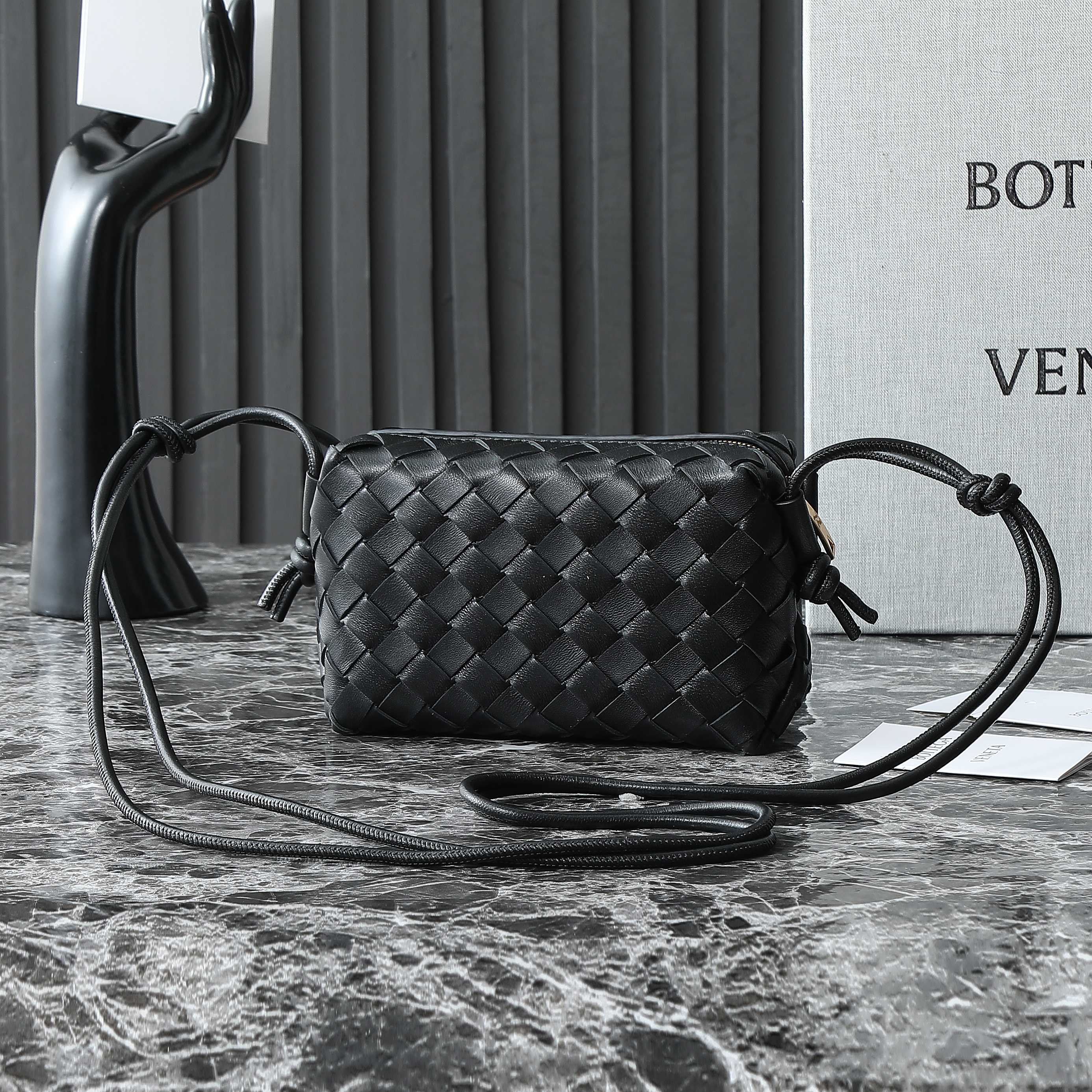 BOTTEGA VENETA KNOT CROSSBODY BAG 17 IN BLACK CALFSKIN
