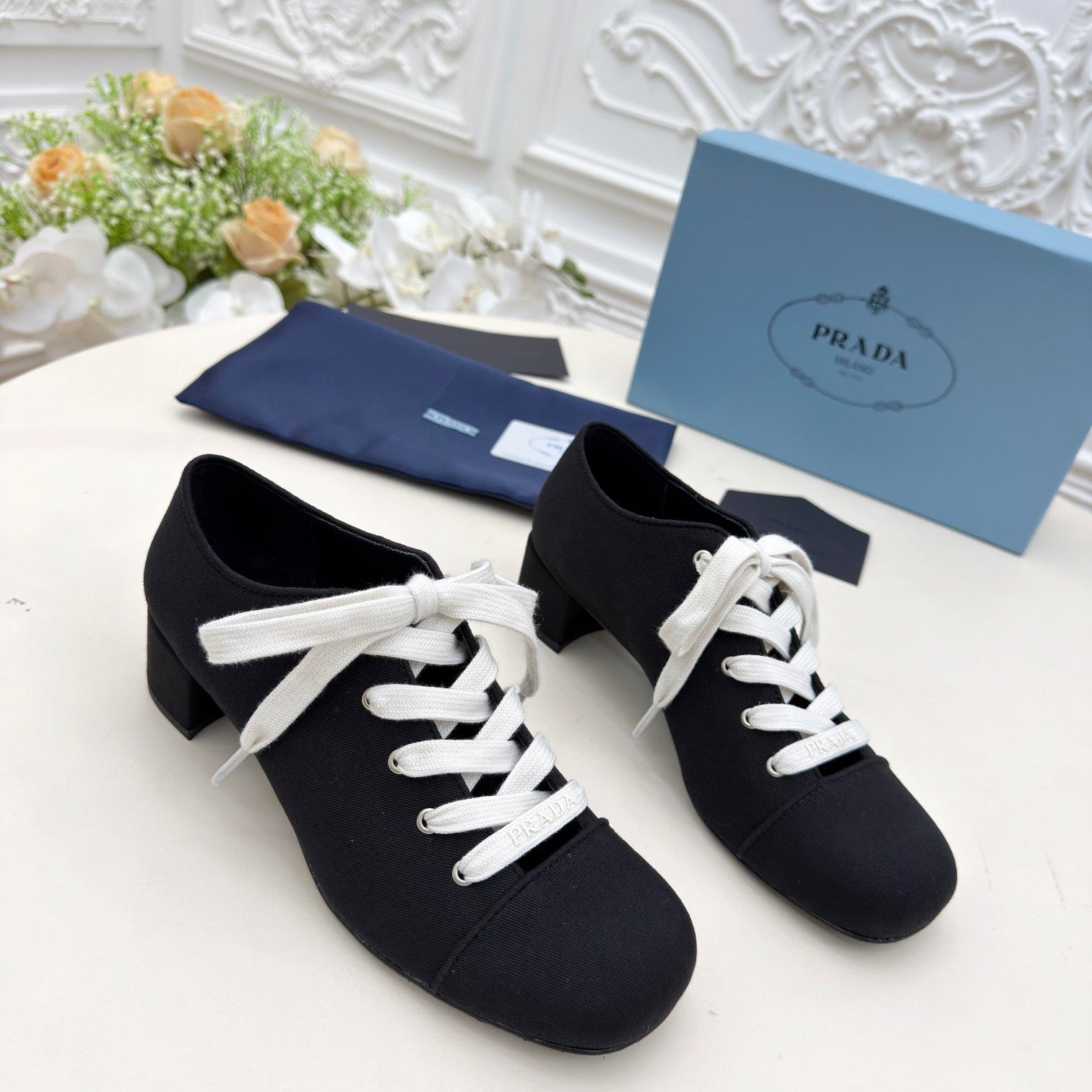 PRADA 25S MARY JANE SHOES 55 MM IN BLACK CANVAS FABRIC