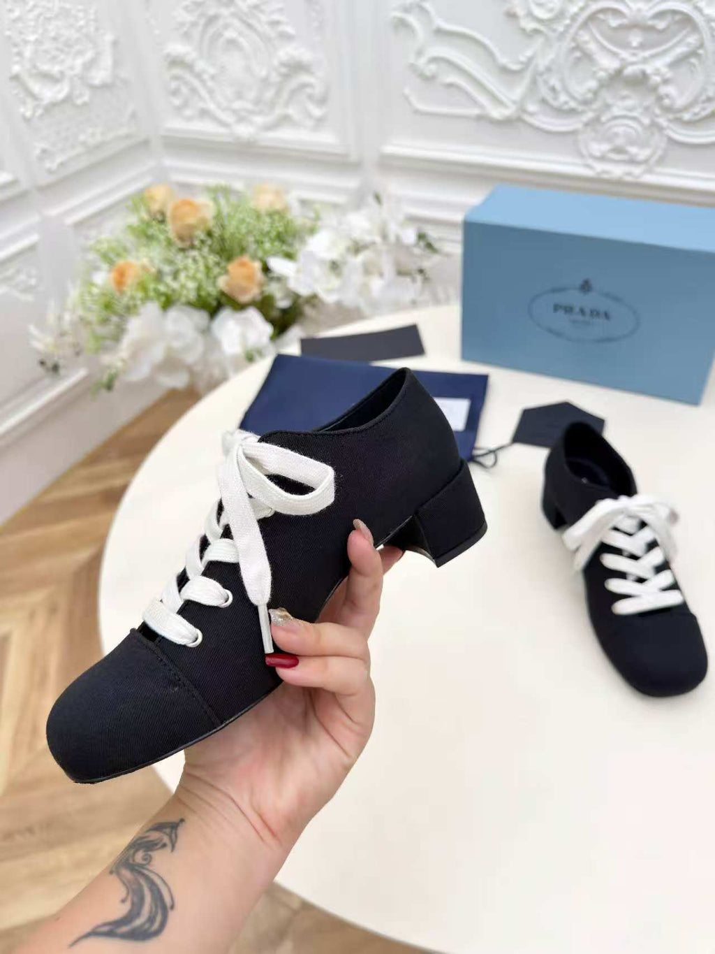 PRADA 25S MARY JANE SHOES 55 MM IN BLACK CANVAS FABRIC