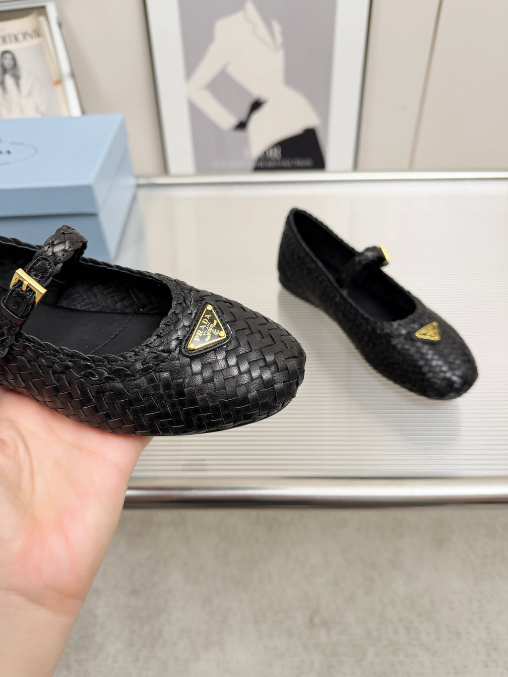 PRADA 26S MARY JANE FLATS IN BLACK WOVEN CALFSKIN