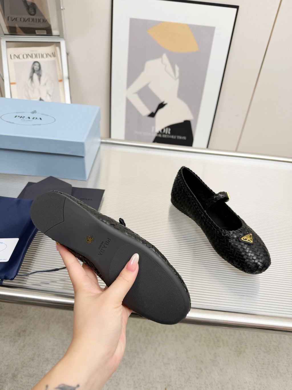 PRADA 26S MARY JANE FLATS IN BLACK WOVEN CALFSKIN