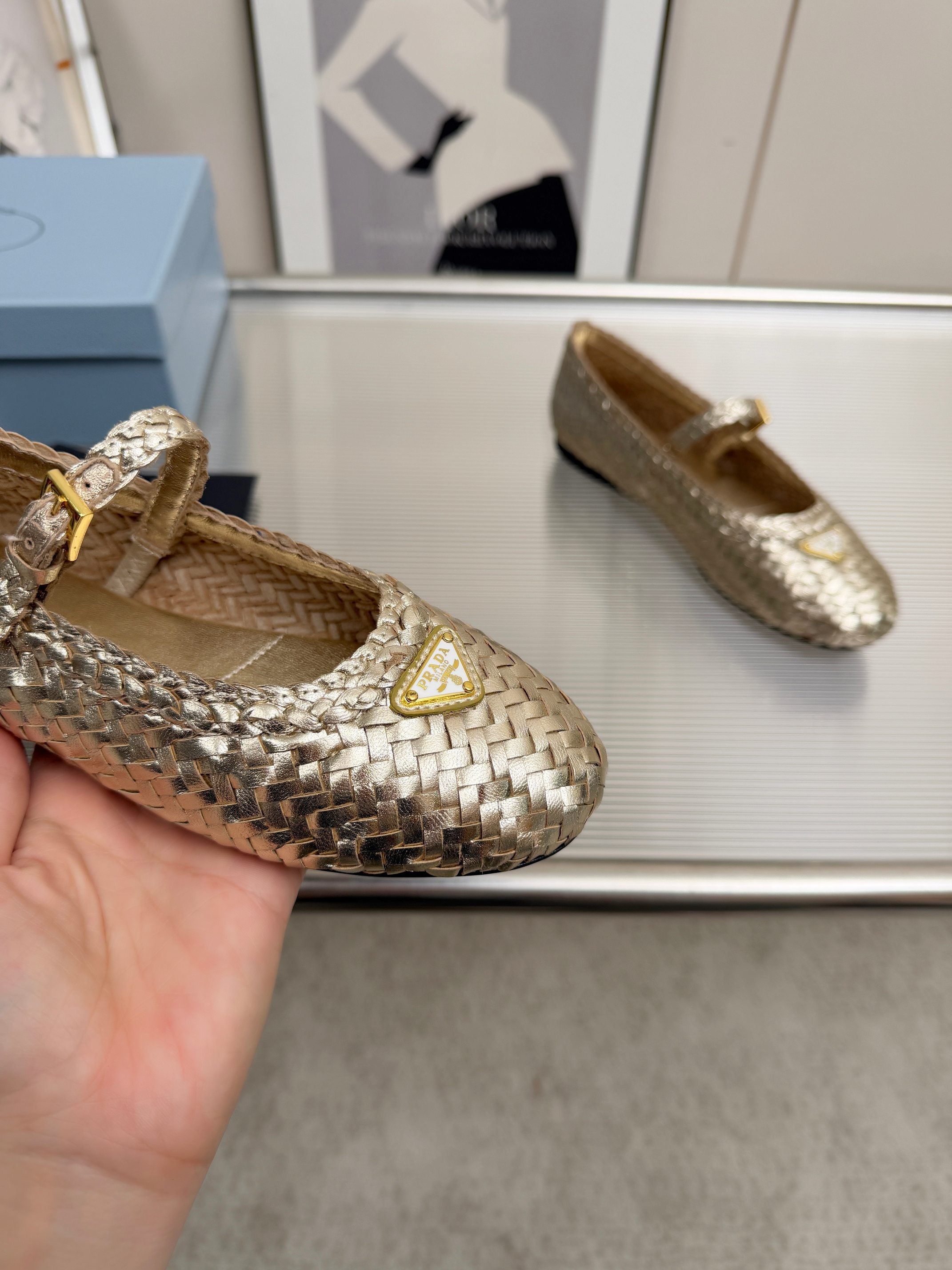 PRADA 26S MARY JANE FLATS IN GOLD WOVEN CALFSKIN