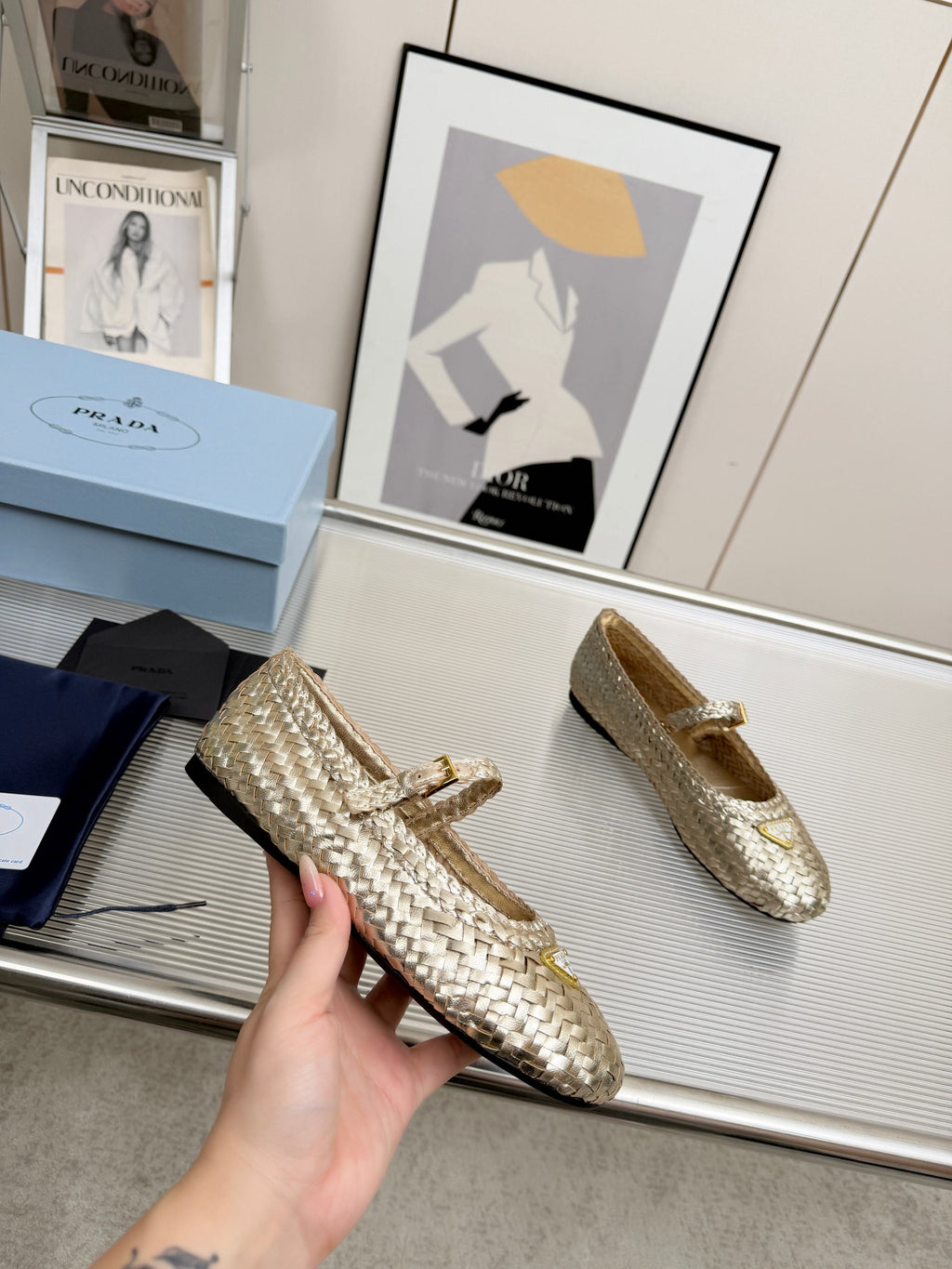 PRADA 26S MARY JANE FLATS IN GOLD WOVEN CALFSKIN