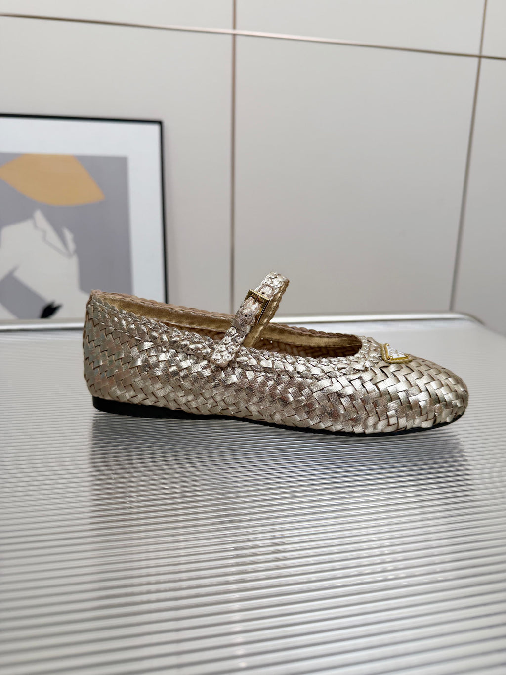 PRADA 26S MARY JANE FLATS IN GOLD WOVEN CALFSKIN