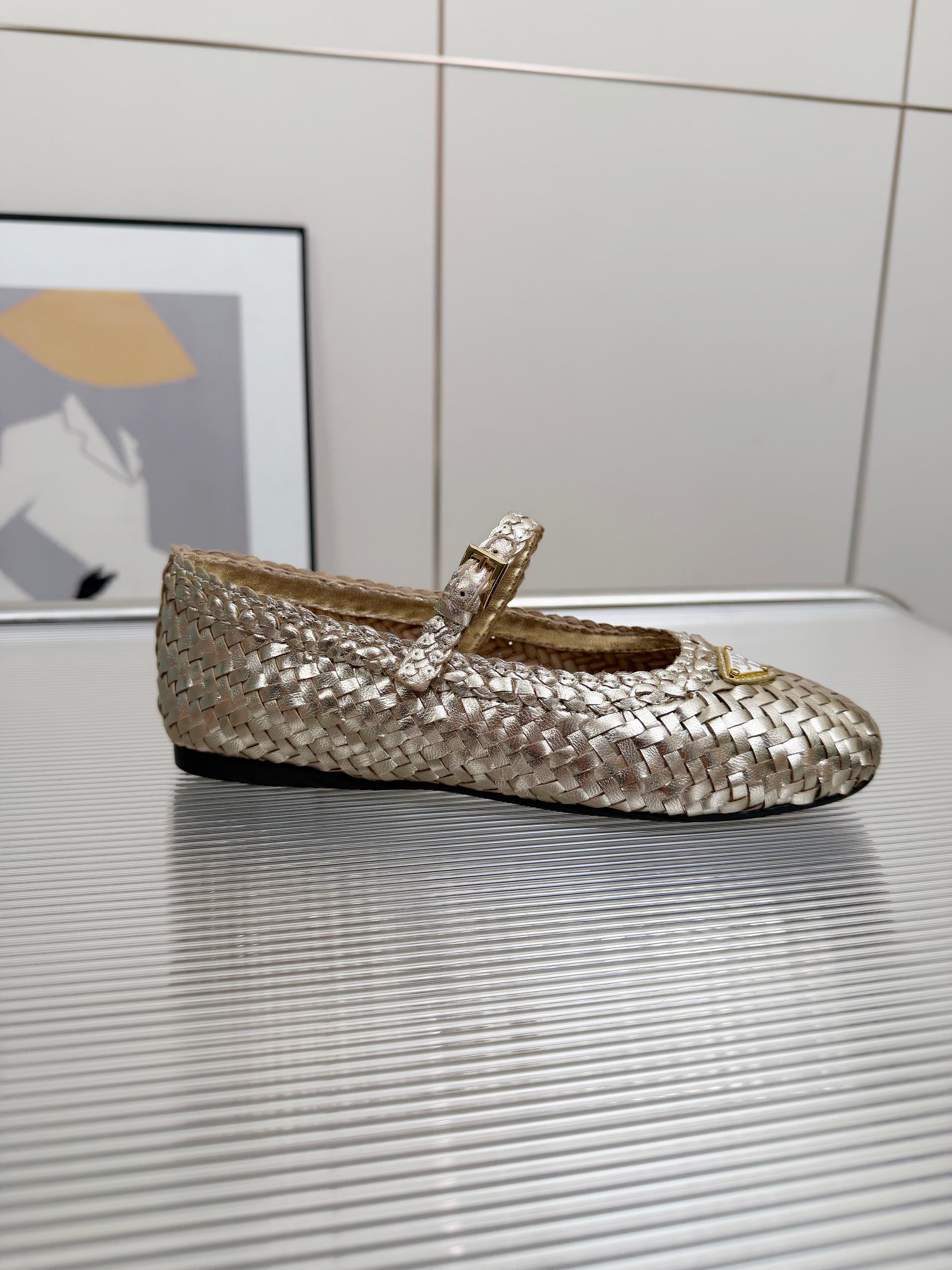 PRADA 26S MARY JANE FLATS IN GOLD WOVEN CALFSKIN