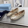 PRADA 26S MARY JANE FLATS IN GOLD WOVEN CALFSKIN