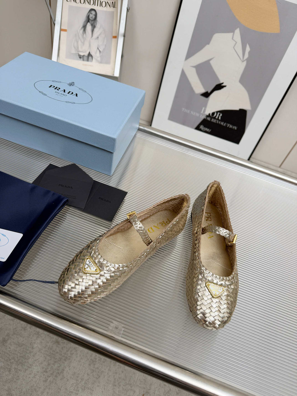 PRADA 26S MARY JANE FLATS IN GOLD WOVEN CALFSKIN