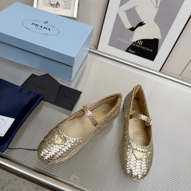 PRADA 26S MARY JANE FLATS IN GOLD WOVEN CALFSKIN