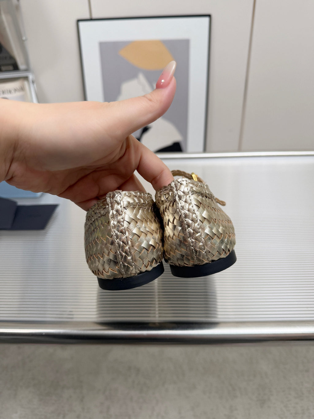 PRADA 26S MARY JANE FLATS IN GOLD WOVEN CALFSKIN