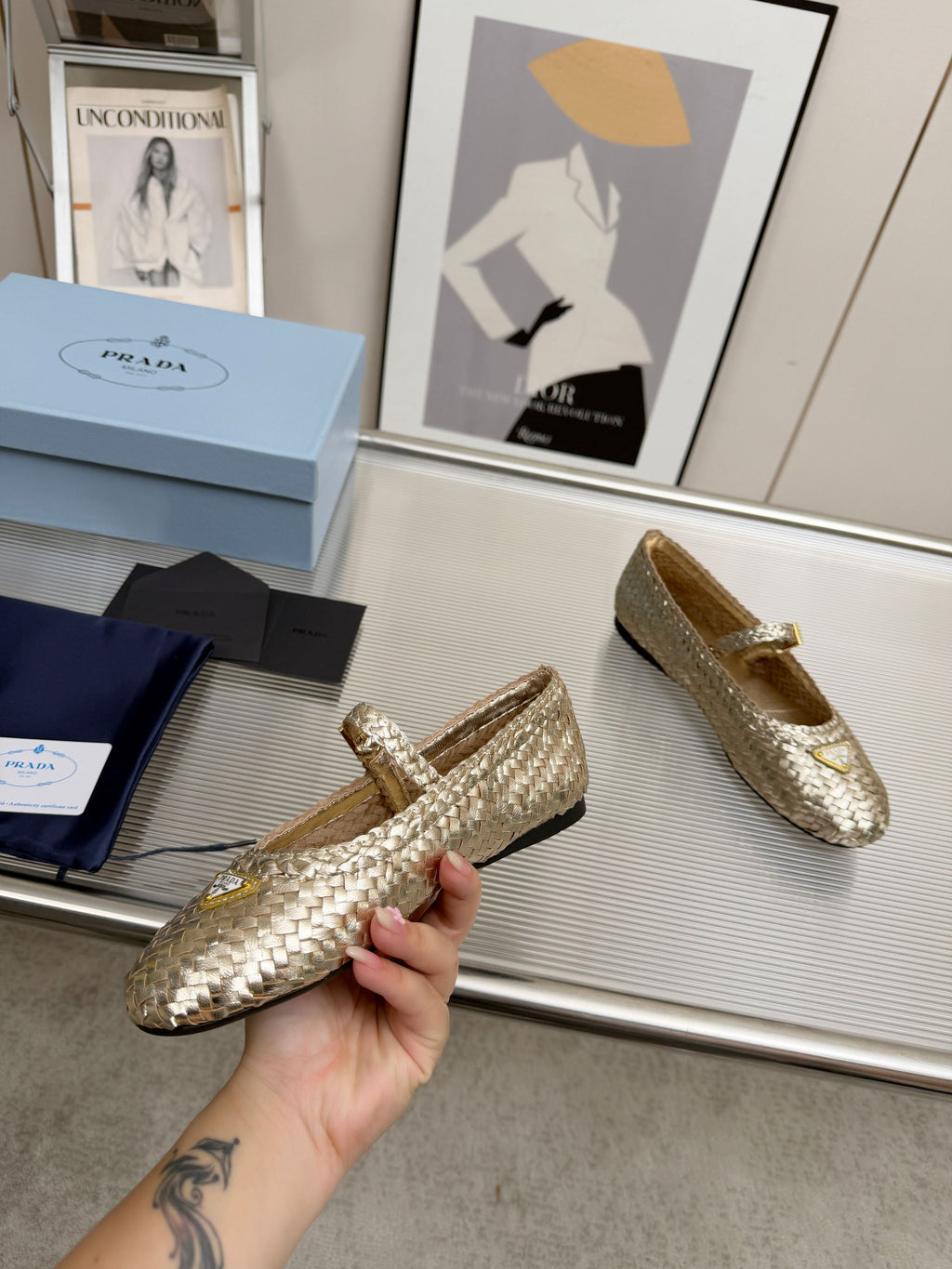 PRADA 26S MARY JANE FLATS IN GOLD WOVEN CALFSKIN