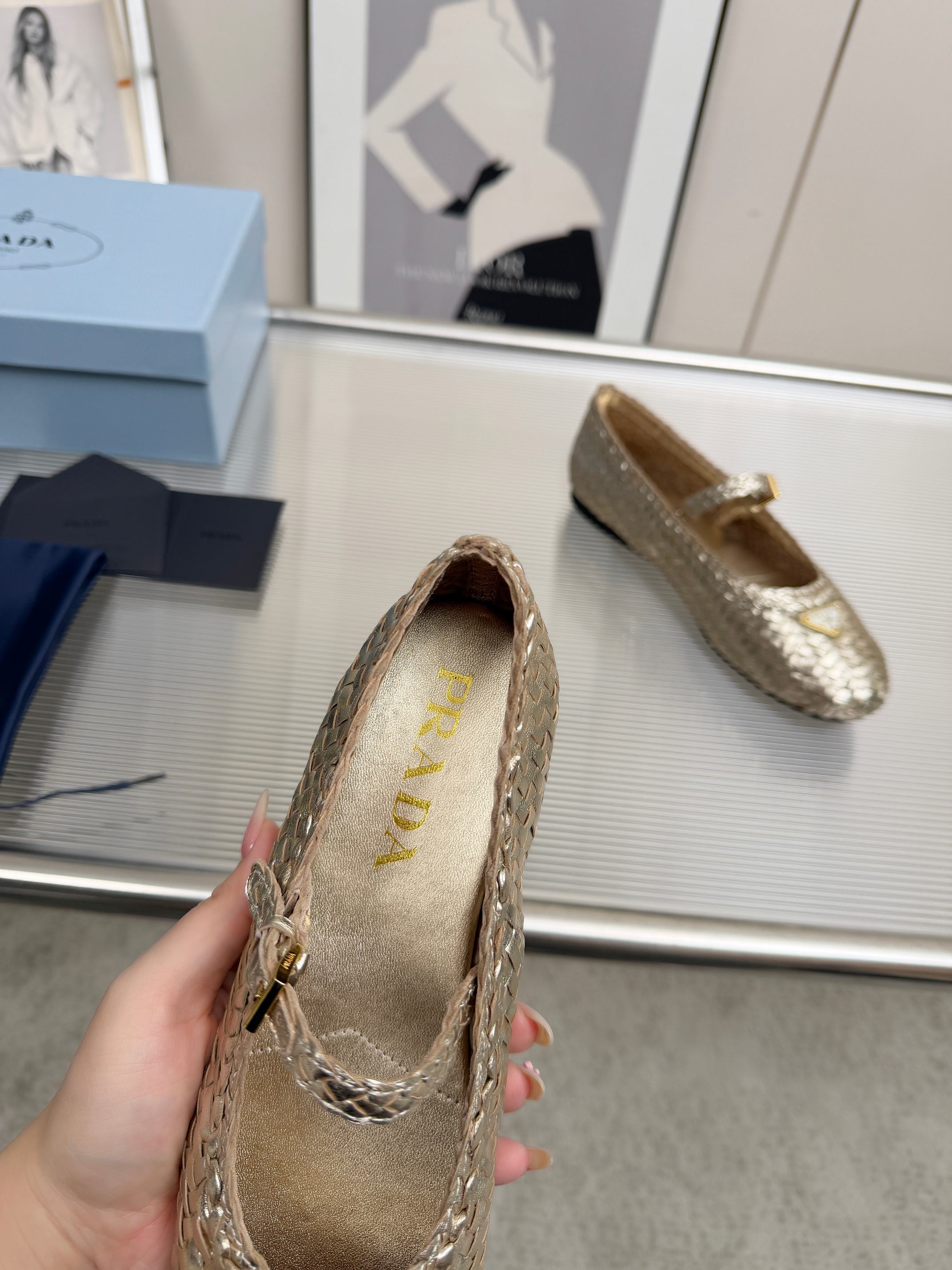 PRADA 26S MARY JANE FLATS IN GOLD WOVEN CALFSKIN