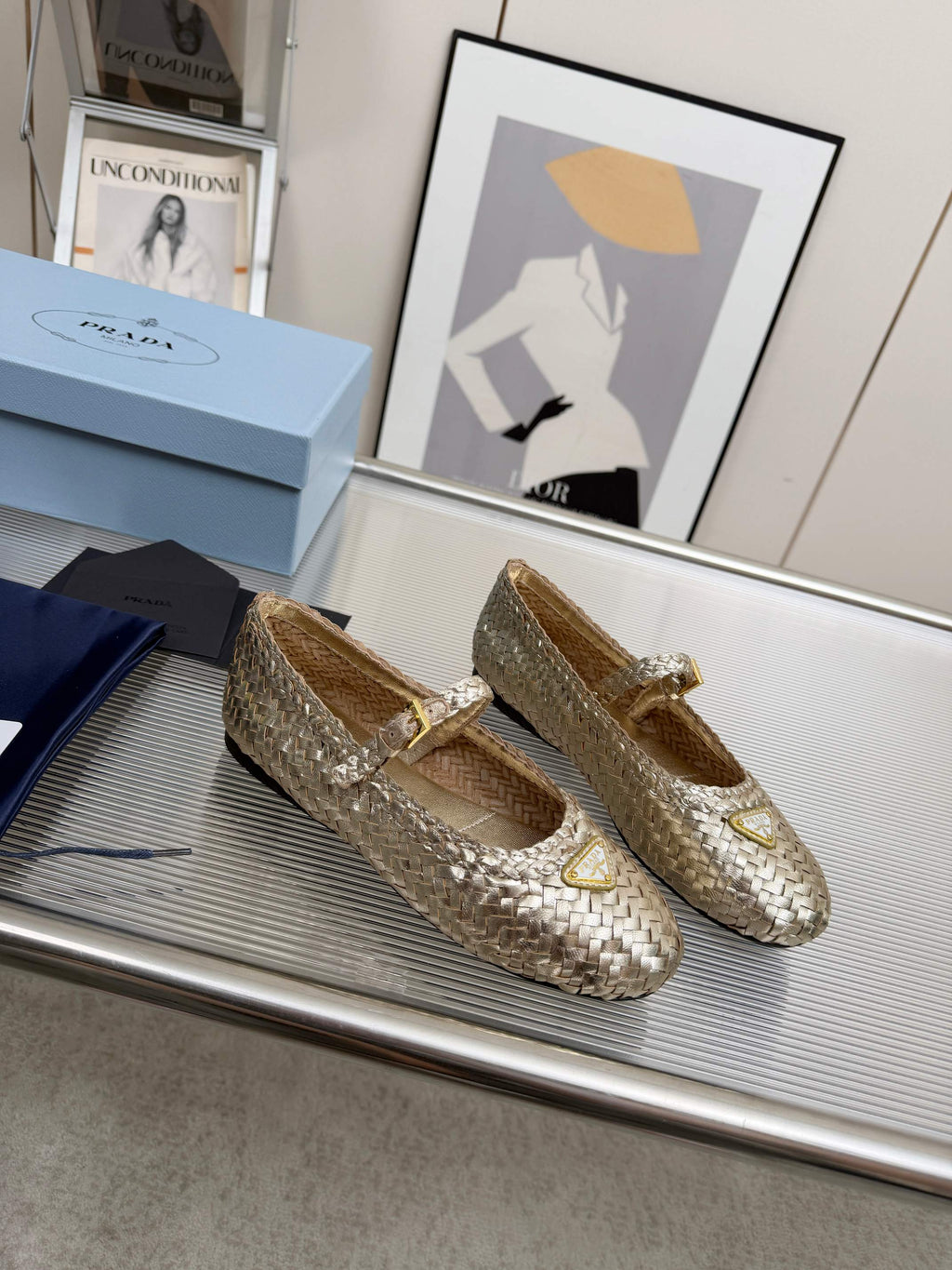 PRADA 26S MARY JANE FLATS IN GOLD WOVEN CALFSKIN