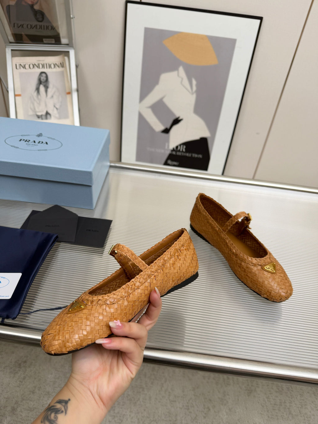 PRADA 26S MARY JANE FLATS IN TAN BROWN WOVEN CALFSKIN