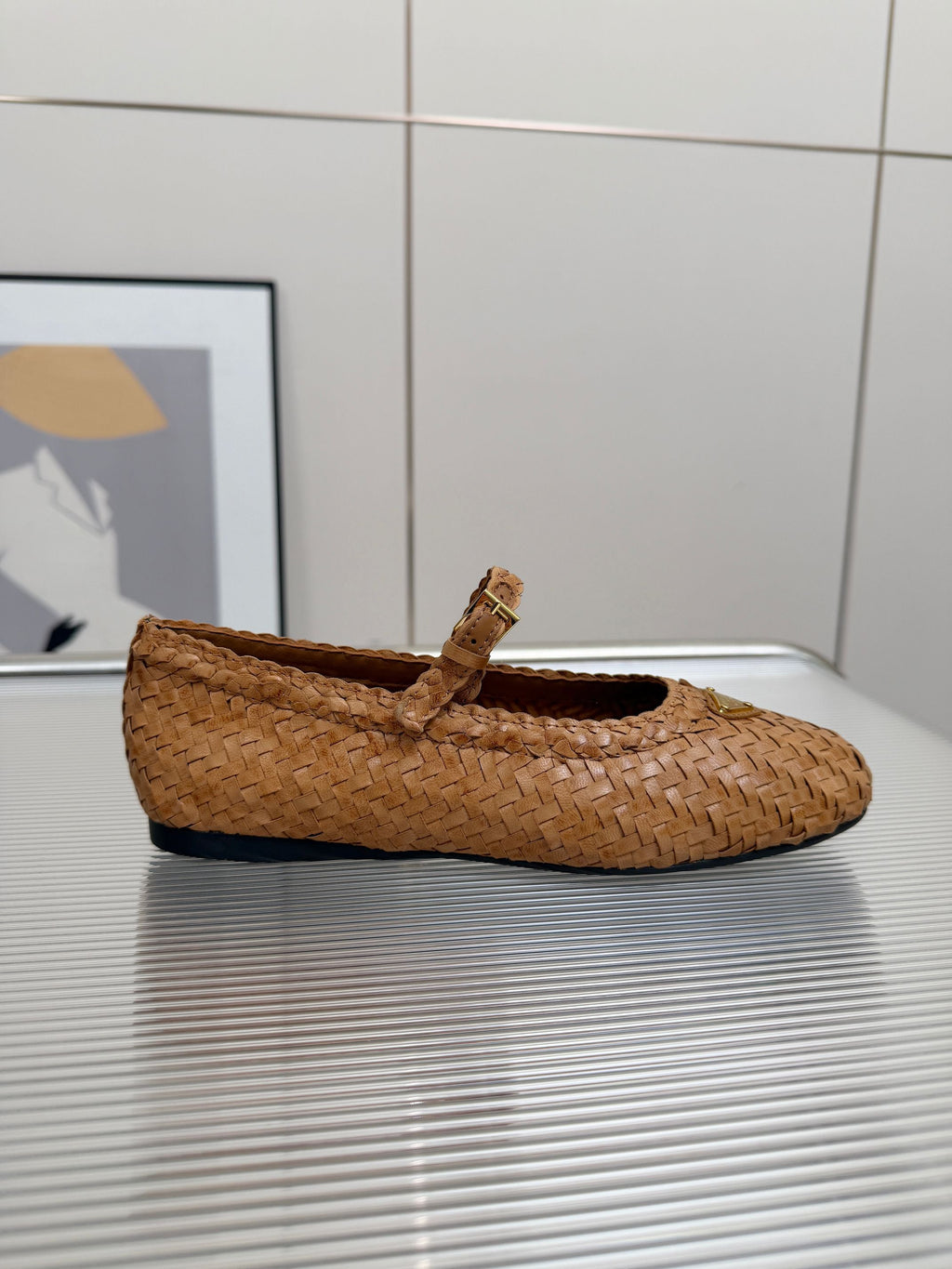 PRADA 26S MARY JANE FLATS IN TAN BROWN WOVEN CALFSKIN
