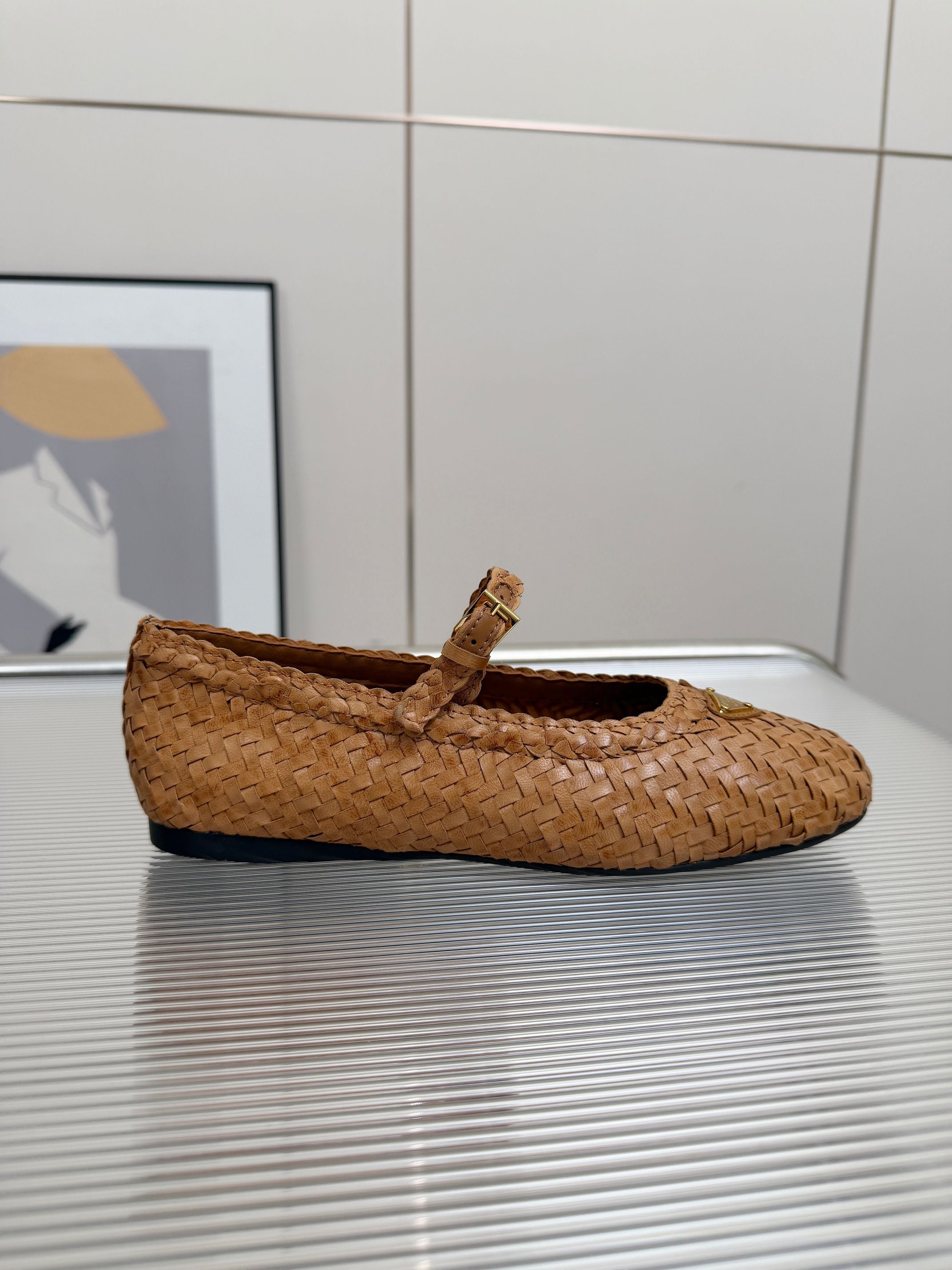 PRADA 26S MARY JANE FLATS IN TAN BROWN WOVEN CALFSKIN