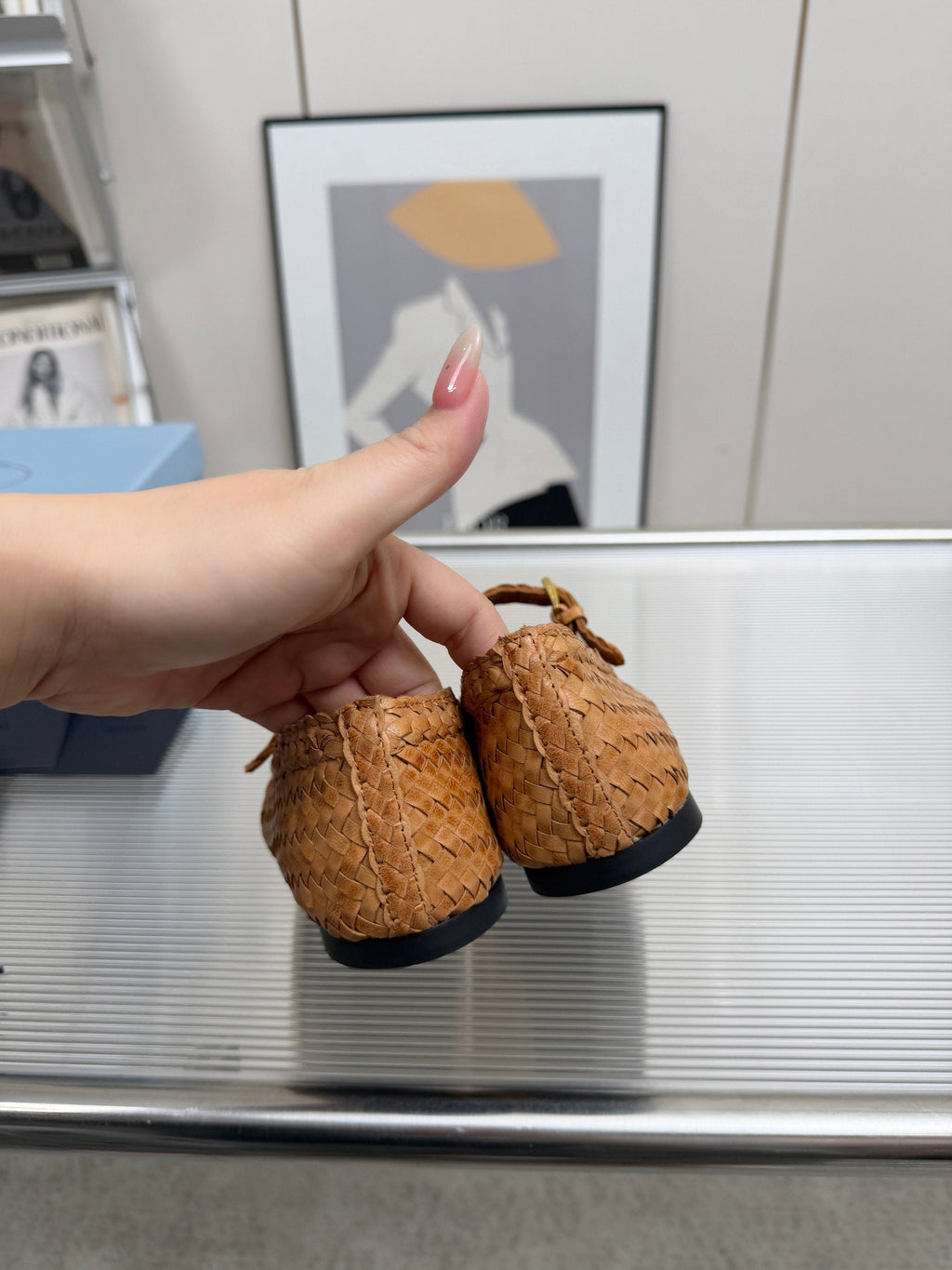 PRADA 26S MARY JANE FLATS IN TAN BROWN WOVEN CALFSKIN