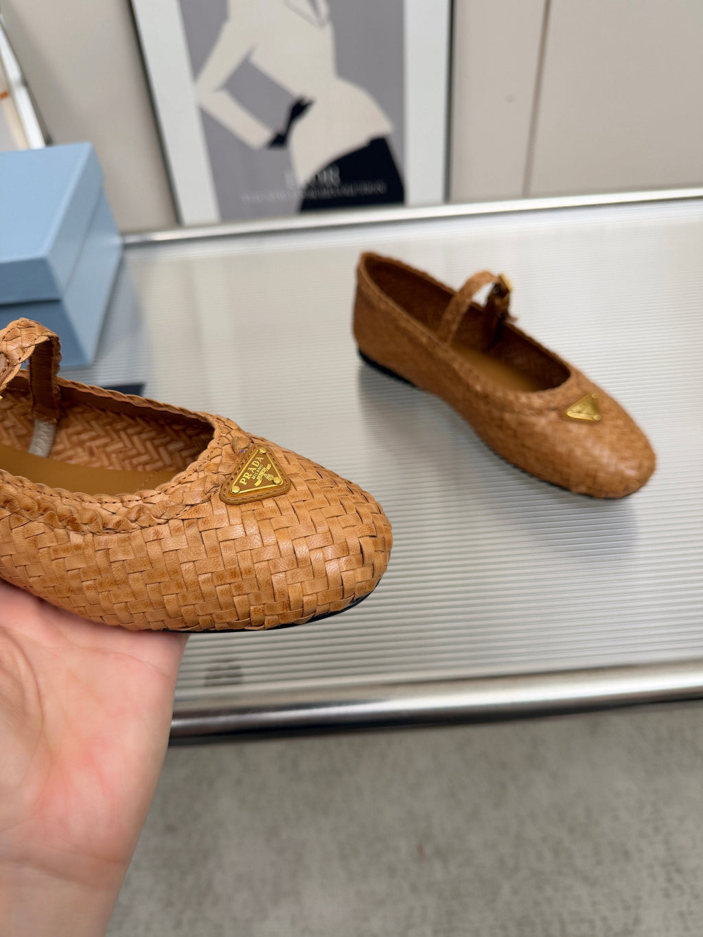 PRADA 26S MARY JANE FLATS IN TAN BROWN WOVEN CALFSKIN