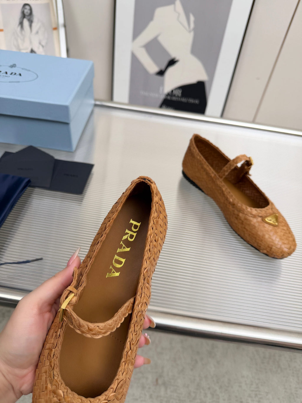 PRADA 26S MARY JANE FLATS IN TAN BROWN WOVEN CALFSKIN