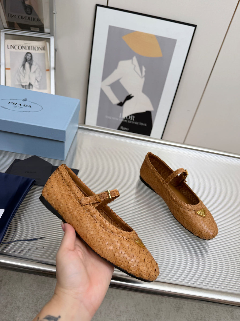 PRADA 26S MARY JANE FLATS IN TAN BROWN WOVEN CALFSKIN