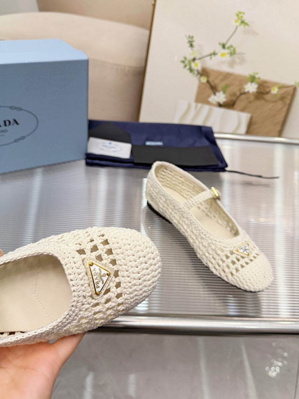 PRADA 26S MARY JANE FLATS IN CREAM WHITE WOVEN RAFFIA WITH TRIANGLE LOGO