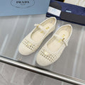 PRADA 26S MARY JANE FLATS IN CREAM WHITE WOVEN RAFFIA WITH TRIANGLE LOGO
