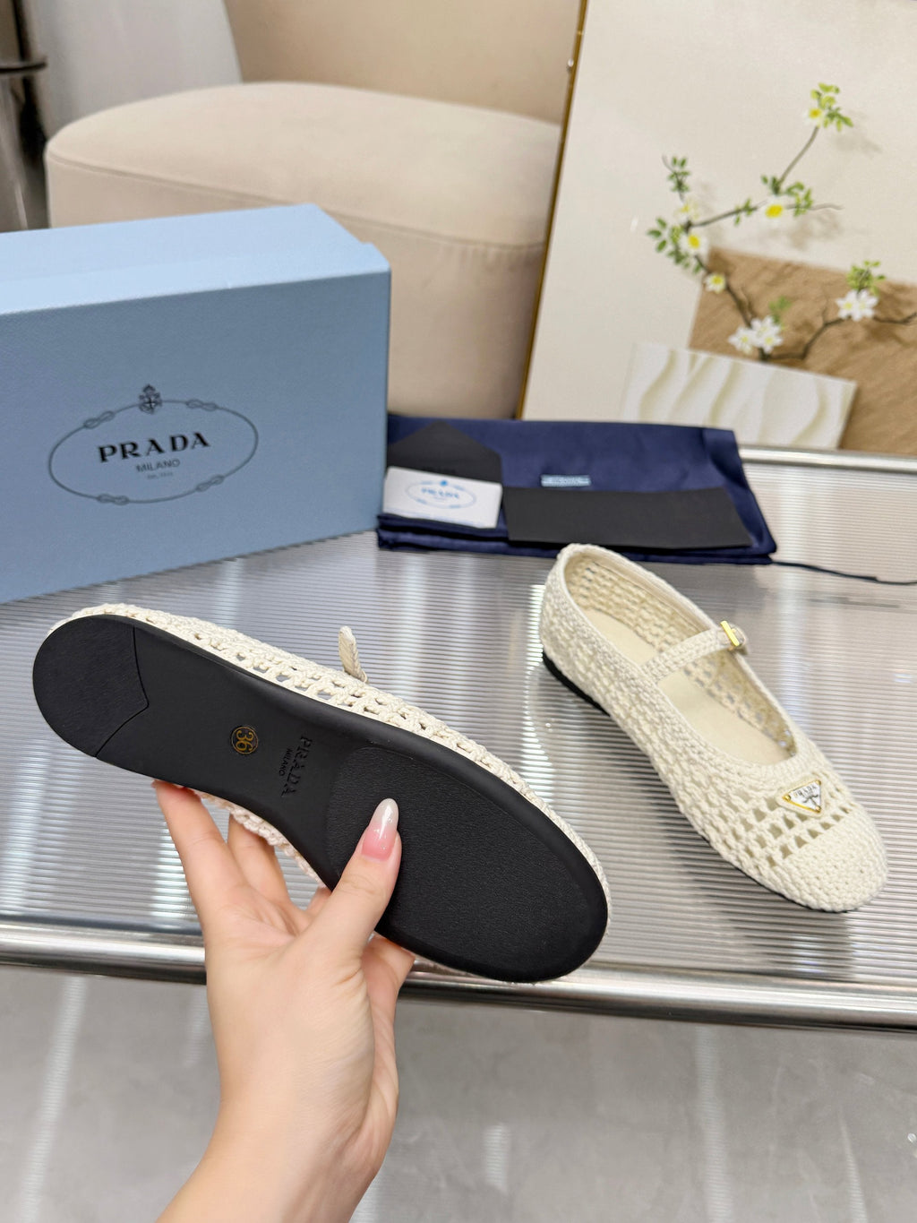 PRADA 26S MARY JANE FLATS IN CREAM WHITE WOVEN RAFFIA WITH TRIANGLE LOGO