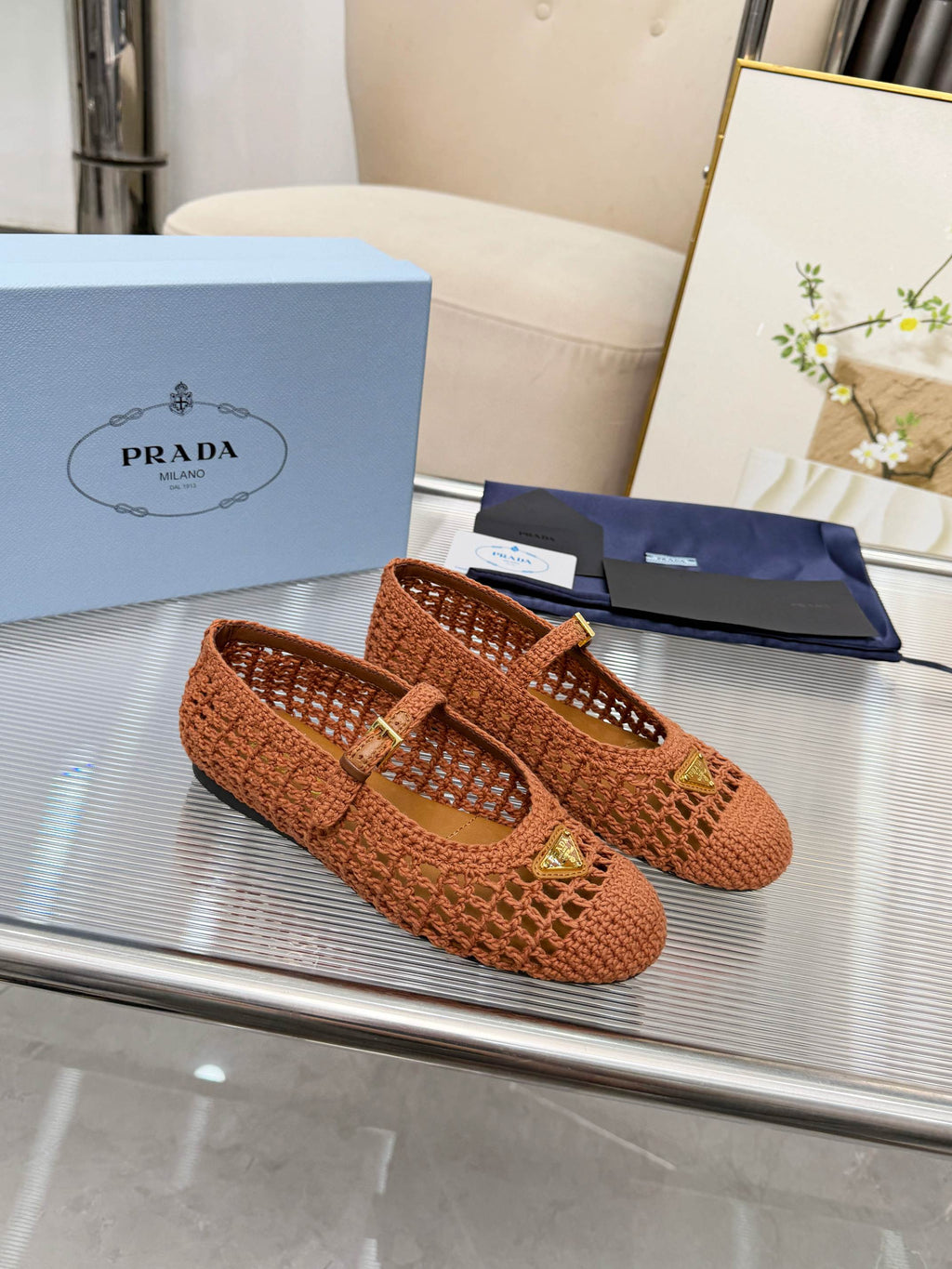 PRADA 26S MARY JANE FLATS IN CARAMEL BROWN WOVEN RAFFIA WITH TRIANGLE LOGO