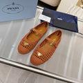 PRADA 26S MARY JANE FLATS IN CARAMEL BROWN WOVEN RAFFIA WITH TRIANGLE LOGO