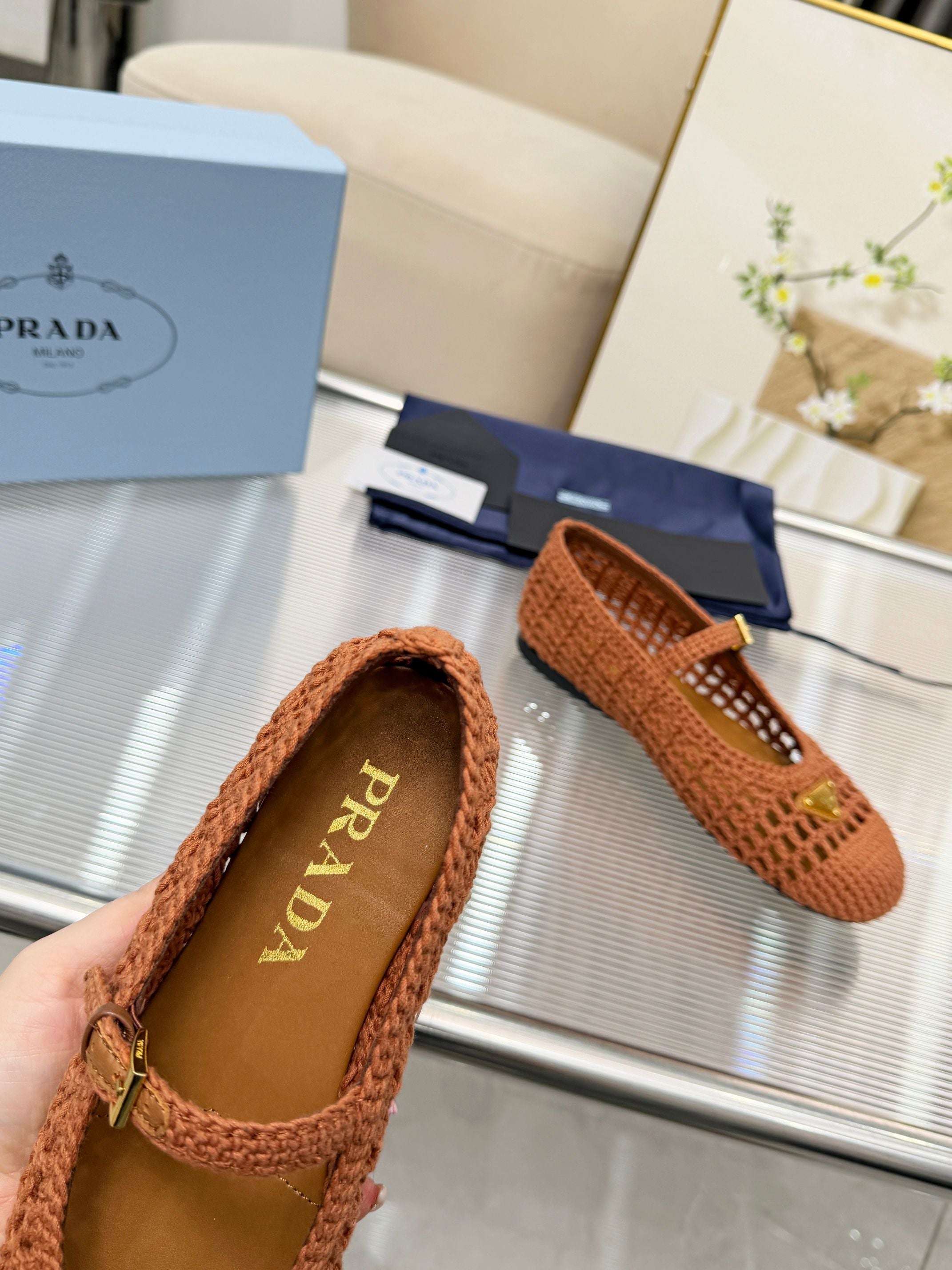 PRADA 26S MARY JANE FLATS IN CARAMEL BROWN WOVEN RAFFIA WITH TRIANGLE LOGO