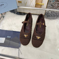 PRADA 26S MARY JANE FLATS IN DARK BROWN WOVEN RAFFIA WITH TRIANGLE LOGO